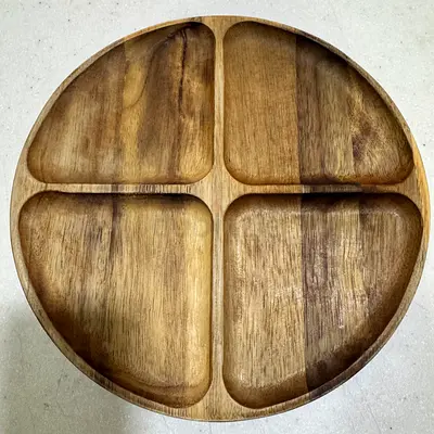 Round Wooden Serving Snack Tray with 4 Compartments