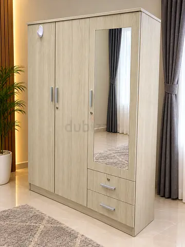 3-Door Wardrobe with Mirror and Drawers - Light Wood Finish