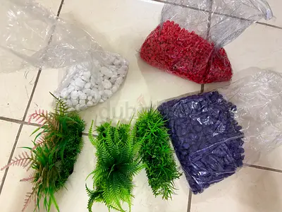 Artificial plants and coloured stones for acquarium