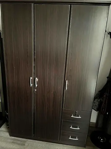 Dark Wood 3-Door Wardrobe with Drawers — Good Condition
