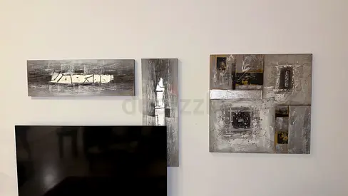 Set of 3 Textured Abstract Paintings, Silver, Grey and Black