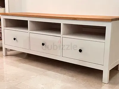 White Wooden TV Console / Storage Unit with Oak Top - 3 Drawers