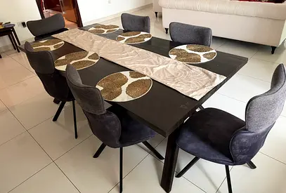 6- Seater Dark Wood Dining Table with Upholstered Chairs