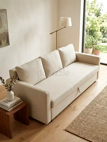 Beige 3-Seater Sofa Bed with Cushions - Light Linen Finish