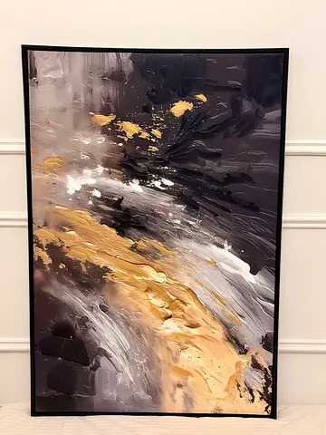 Original Abstract Textured Painting in Black, Gold and White - Framed