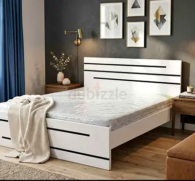 White Wooden Double Bed Frame with Black Inlay — Good Condition