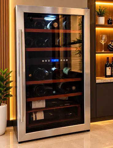 Stainless Steel Wine Cooler / Refrigerator - 12°C Display, Wooden Shelves