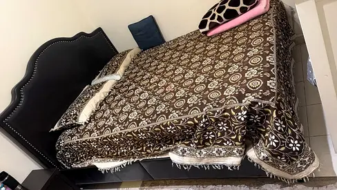Queen size leather bed with side tables and dressing table - good condition