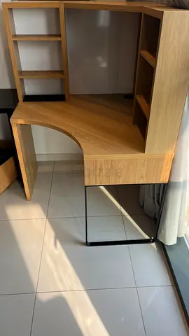 Corner wooden study desk with shelving — good condition