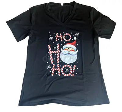 Christmas Black V-neck Christmas Santa Ho Ho Ho T-shirt, Women's Size M