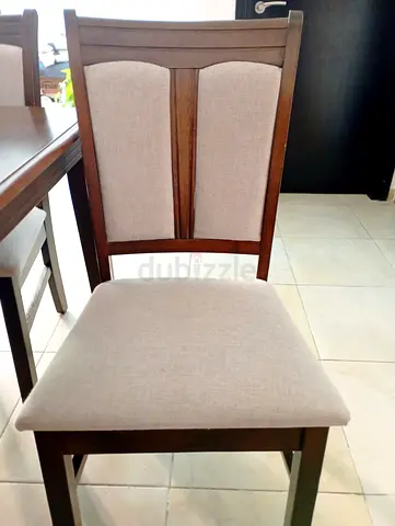 Set of 6 Solid Wood Dining Chairs with Beige Upholstery - Good Condition