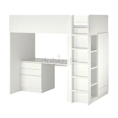 White loft bed with integrated desk, drawers and shelves - good condition