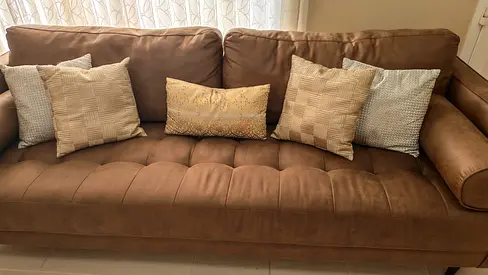 Brown 3+2+1 seater sofa with round bolsters- good condition