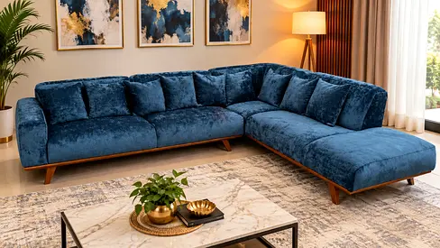 Blue L-shaped Velvet Corner Sofa with Wooden Legs (Right Chaise)