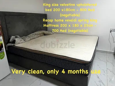 WhatsApp/ call 0528162066 - King size velvet upholstered bed with king mattress - 4 months used