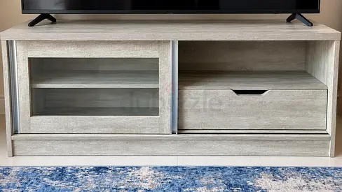 Light Grey Wooden TV Unit with Storage Drawer and Glass Door