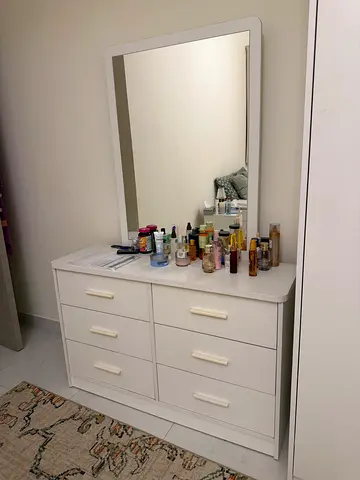 White Bed 160x200 mm, Dresser with mirror and 6 drawers and Cupboard 5 doors in good condition