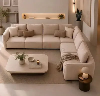 New luxury begei color 5 seater minimal L shape sofa