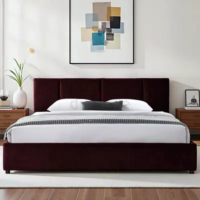 Upholstered Queen Size Bed Frame with Padded Headboard - Dark Burgundy