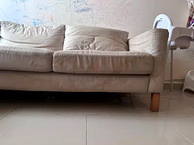 Beige 3-seater Fabric Sofa — Good Condition, Solid Wooden Legs