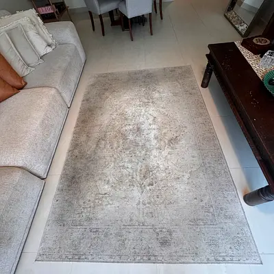 Light grey vintage-style area rug, gently used, 200x140cm (approx)