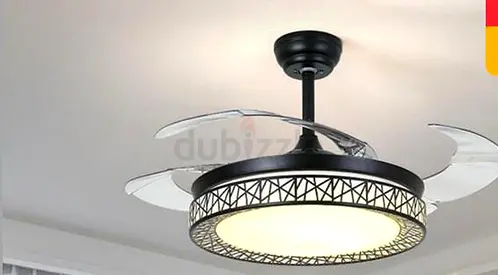 Modern retractable blade ceiling fan with integrated light - black finish