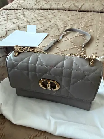 DIOR SOFT CARO BAG -Grey quilted shoulder bag with gold chain strap