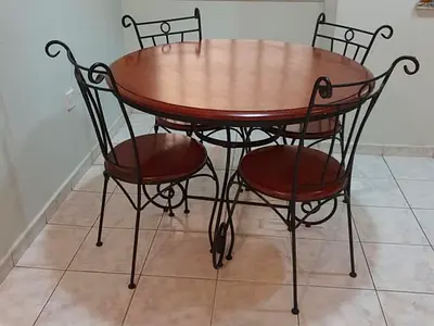 Wooden Top Round Dining Table with 4 Metal Frame Chairs