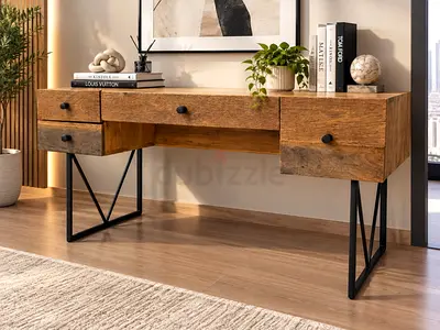 Marina Home Solid Wood Desk with Drawers and Metal Legs - Rustic
