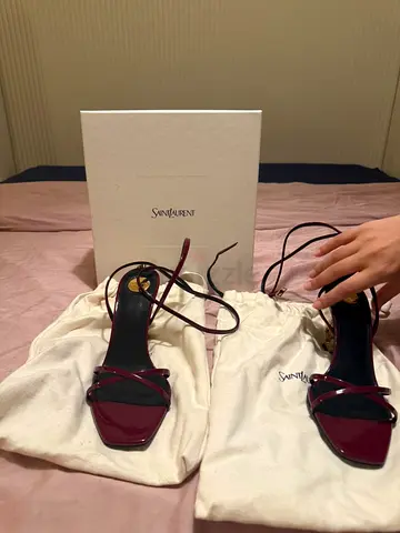Saint Laurent Burgundy Patent Leather Strappy Heels - Size 39