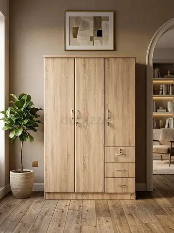 3-Door Wooden Wardrobe with 3 Drawers - Light Oak Finish