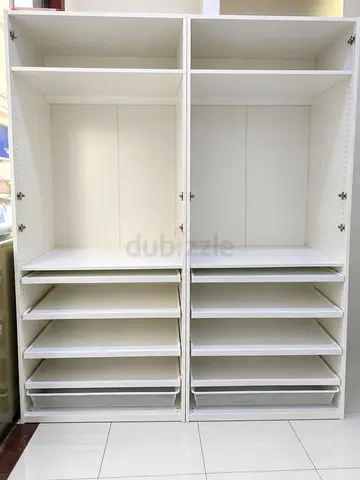 White Double Wardrobe / Closet Unit with Shelves and Drawers
