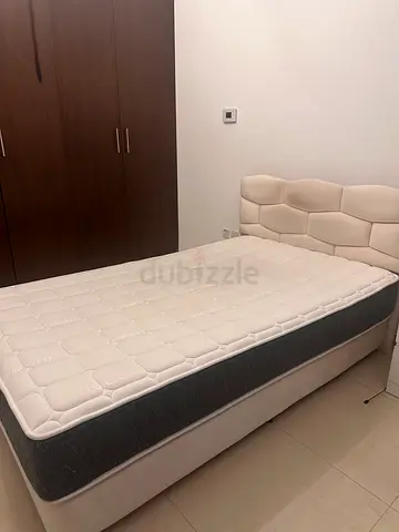 Used single Bed Frame with Headboard and Mattress - Neutral Beige