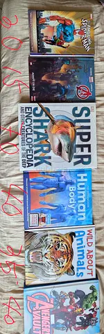 Mixed kids & young adult book lot — Avengers, Spider-Man, Sharks, Human Body, Animals (6 books)