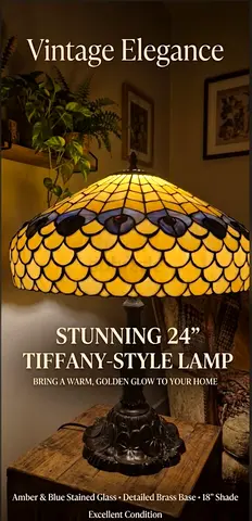 Vintage 24" Tiffany-Style Table Lamp — Amber & Blue Stained Glass
