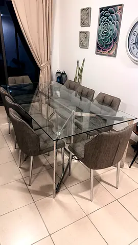 Glass Dining Table + 8 Grey Chairs (220x110cm)