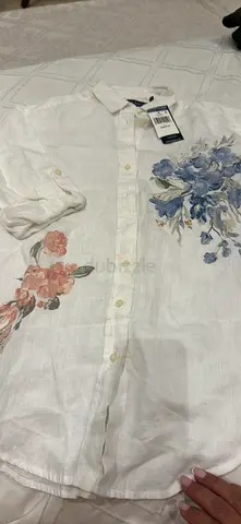 Ralph Lauren, White Linen Floral Embroidered Shirt - New with Tags, Size xs