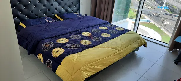 Queen bed with tufted faux leather headboard and mattress - Good condition