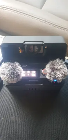 Portable stereo shotgun microphone with dual furry windshields and charging case