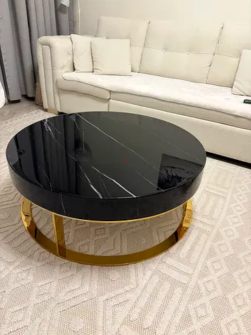 Round Black Marble Coffee Table with Gold Base