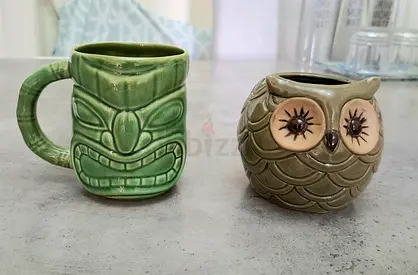 Set of 2 Ceramic Tiki and Owl Mugs/Planters - Good Condition
