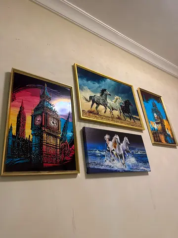 Set of 4 Framed Wall Art Canvases — Horses, Wolves and Big Ben