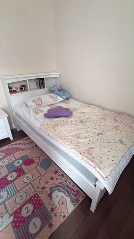 Single white wooden children's bed with headboard shelf - good condition PRICE INCLUDES MATTRESS TOO