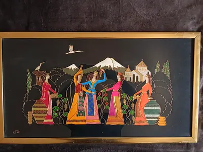 Vintage Folk Art Panel with Dancers and Historic Armenian Figures; Mashtots & Sayat Nova