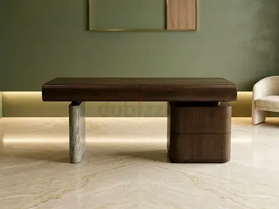 Marina home Solid Wood Executive Desk with Curved Drawer Unit and Marble Leg