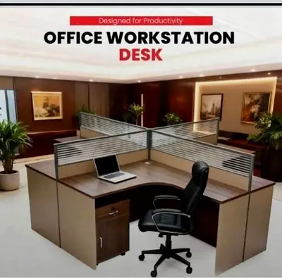 Office Workstation Desk - 4 Person Cubicle Setup (Wood Finish)