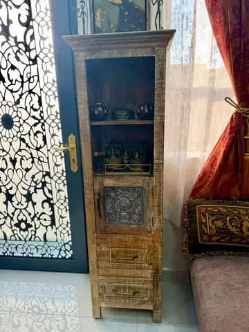 Tall rustic wooden display cabinet with drawers
