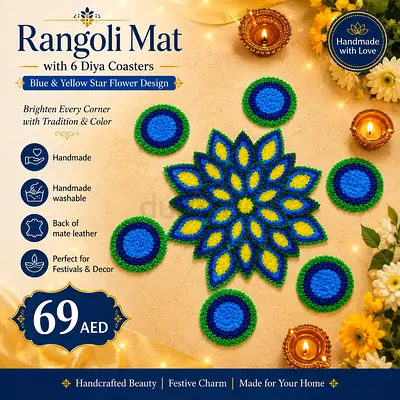 Handmade Blue & Yellow Rangoli Mat with 6 Diya Coasters — Festive Decor