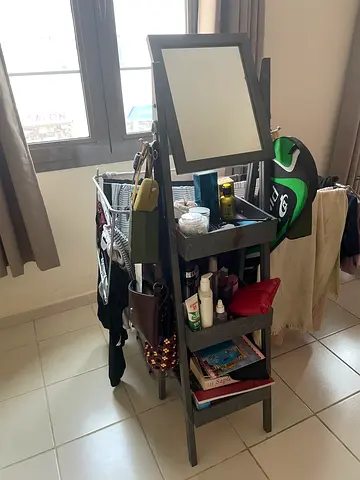 Narrow Hallway Storage Unit with Mirror and Hooks - Good Condition