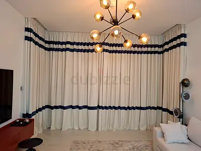 Full-length beige curtains with navy stripe - set of custom drapes